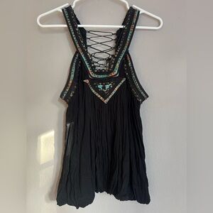Free People Black Lace Up Metal Trim Tank Blousy Hem Dark Fairy Boho M